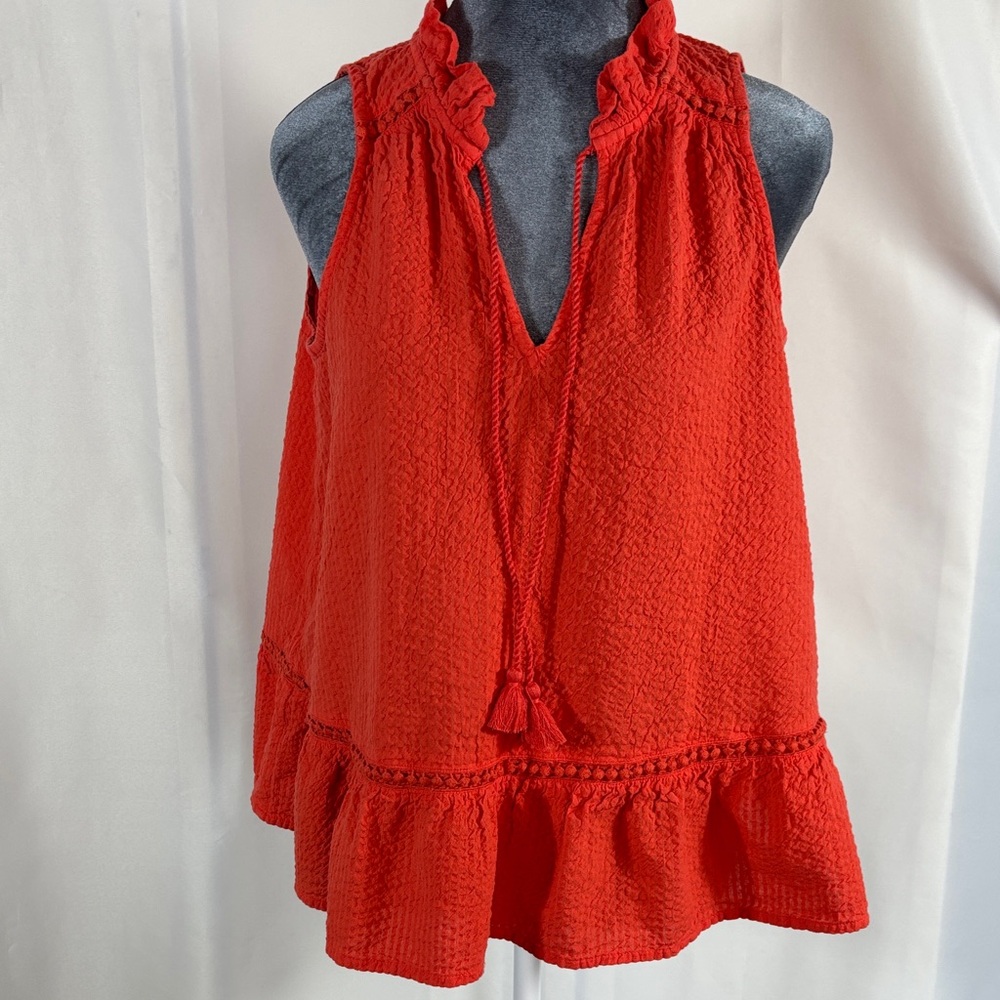 crown & ivy Orange Ruffle Tie-Neck Sleeveless Tunic